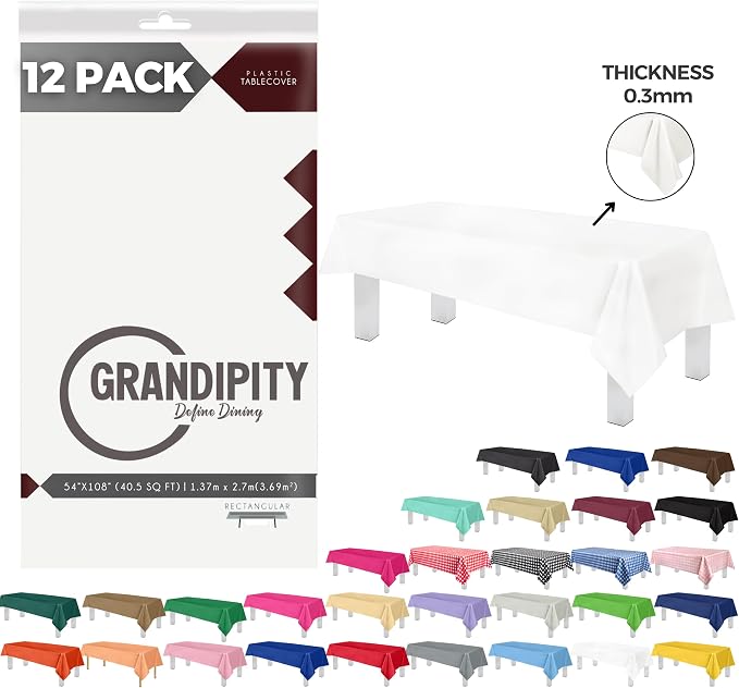 Grandipity 12 Pack Premium Disposable Plastic Tablecloth 54 Inch. x 108 Inch. with 0.3mm Thickness Table Cover - White
