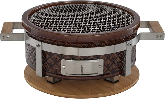 Round Hibachi Charcoal Ceramic Cooking Grill Yakatori Japanese Grill Table BBQ Handmade Clay Oven For Outdoor Barbecues Camping Thanksgiving Christmas, 18"x14"x7", Brown