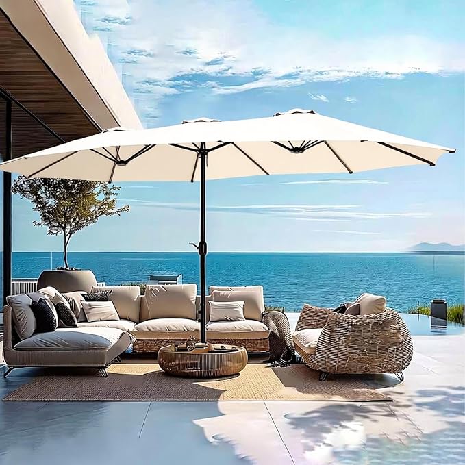 15ft Patio Umbrella Replacement Canopy for 12 Ribs, Large Outdoor Umbrella Top Cover Only,Double-Sided Fabric for Market Umbrellas, Sombrillas de Patio Repuesto (Frame NOT Included),beige
