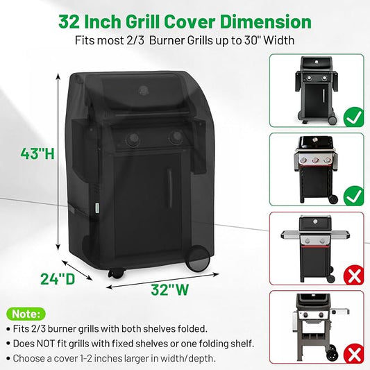 32 Inch Grill Cover, Heavy Duty BBQ Gas Grill Cover for Outdoor, All Weather Waterproof UV Protection, Fits 2 Burner Grills with Folded Shelves, Fits Weber, Nexgrill, Char-Broil