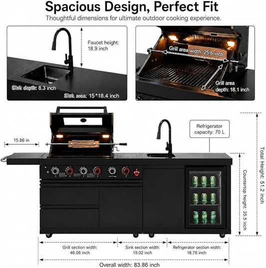 84 Inch Outdoor Kitchen Island Grill, 6 Burner 75300 BTU Propane BBQ Island with Sink, Beverage Refrigerator, Rotisserie Kit, Griddle, SS304 Stainless Steel, Granite Top, Black
