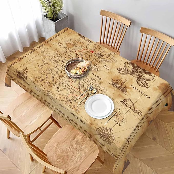 TKS MITLAN Treasure Map Brown Decorative Rectangle Tablecloth Pirate Ship Polyester Table Cloths Kitchen Table Cover for Dining BBQ Picnic Coffee Table 60 x 84 Inch 6-8 Seats