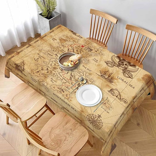 Treasure Map Brown Decorative Rectangle Tablecloth Pirate Ship Sailing Adventure Sea Monster Island Polyester Kitchen Table Cloths for Dining BBQ Picnic Coffee Table Cover 52 x 70 Inch 4-6 Seats