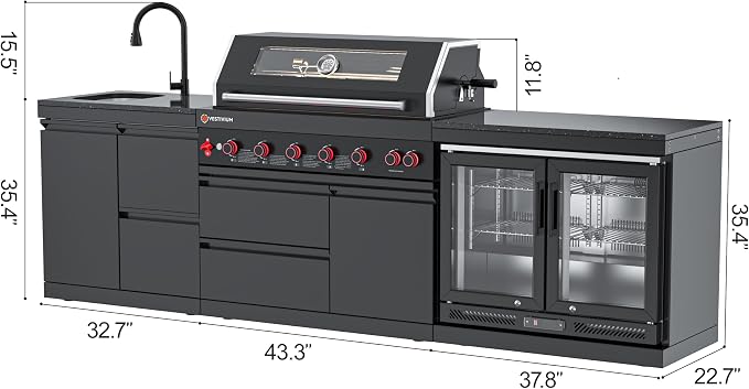 SERA C 6-Burner Propane Outdoor Kitchen Combo Sink & Fridge Black | Black 304 stainless steel, 87,900 BTU + infrared, 115L double fridge, combo sink with drawers, locking caster, patio backyard