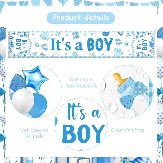 It’s A Boy Theme Table Runner, Blue Linen Fabric Table Runner for Everyday Use 72 x 13 Inches, Washable Table Cover for Baby Shower Indoor Outdoor Kitchen Dining Table Decorations