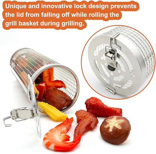 Grill Basket Set 2 Pack, Upgraded Version 304 Stainless Steel with Removable Wooden Handle, Rolling Grilling Net, BBQ Accessories Tools for Vegetables Shrimp, Camping, Gifts for Men Dad Husband