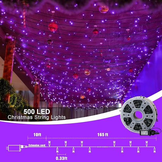 QITONG 165ft 500 LED Purple String Lights, Twinkle Lights Outdoor Waterproof with 8 Modes, Green Wire Christmas Lights Plug in Indoor