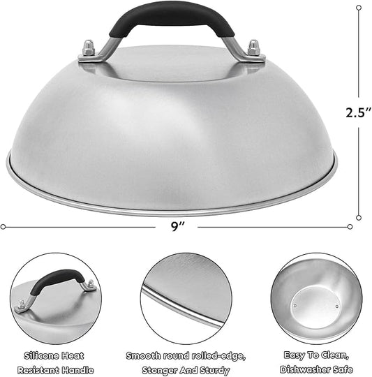 HULISEN 9" Cheese Melting Dome & 6.2" Smashed Burger Press Kit | Grill Press with Basting Cover, Stainless Steel Burger Smasher, Griddle Accessories Kit for Flat Top Grill Cooking