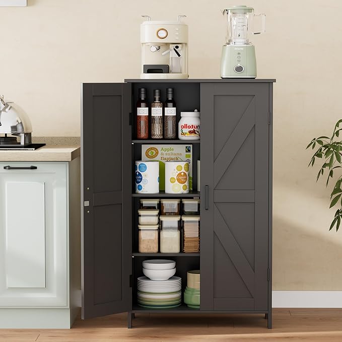 Homleke Farmhouse Bathroom Cabinet with Adjustable Shelves, Free-Standing Storage Cabinet with Barn Doors, for Kitchen, Living Room, Dining Room, Entryway, Black