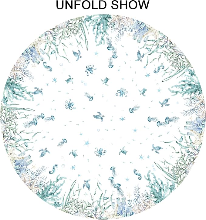 Summer Sea Turtle Jellyfish Table Cloth Round Blue Ocean Theme Nautical Coastal Tablecloth 60 Inch Decor Washable Stain and Wrinkle Resistant Round Table Cover for Dining Party Picnic