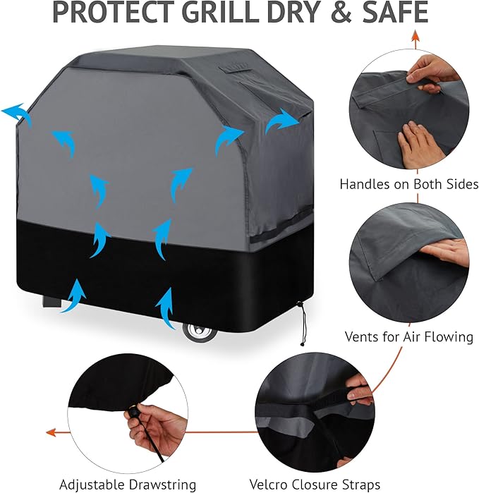 Heavy Duty Grill Cover 61 Inch, 600D Oxford Water Resistant UV & Fade Resistant BBQ Cover for Weber Char-Broil Dyna Glo Nexgrill Charcoal Gas Grill (61”W x 26”D x 45”H, Gray/Black)