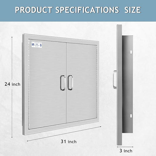 Hally Outdoor Kitchen Doors 31" W x 24" H of 304 Stainless Steel BBQ Double Access Door with 2 Detachable Handles and 6 Hooks, for BBQ Island, Grilling Station, Outdoor Cabinet