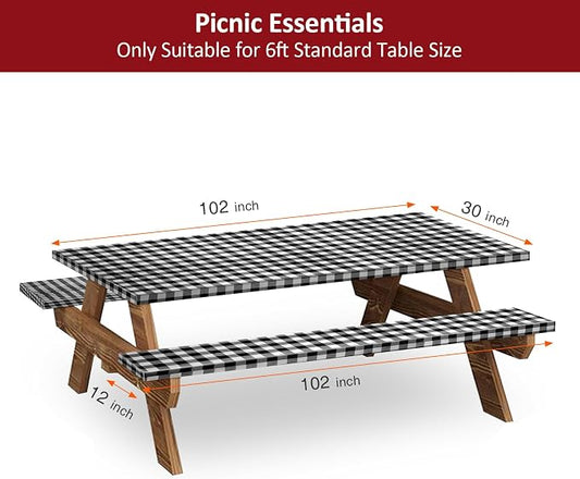 8.5ft 102in Picnic Table and Bench Cover, 3 Pack, Black Checkered | Drawstring Bag, Waterproof Windproof, Elastic Fitted Edges Tablecloth, for Rectangle Table & Seat, Camping Essentials RV Gear