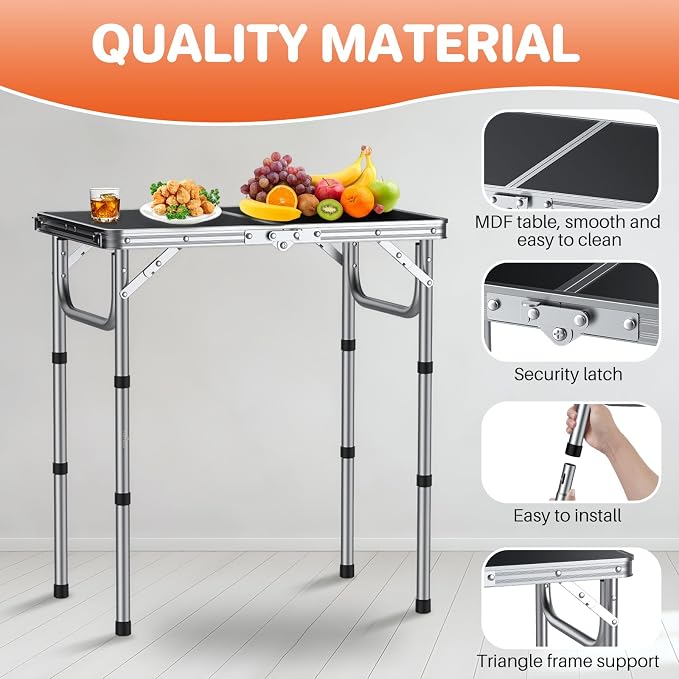 FUNYKICH 2ft Folding Camping Table 22.8''x15.7''x26.4'',3 Height Adjustable | Lightweight & Portable, Aluminum Small Outdoor Table with Carry Handle for Camping, Beach, Picnic, Silver
