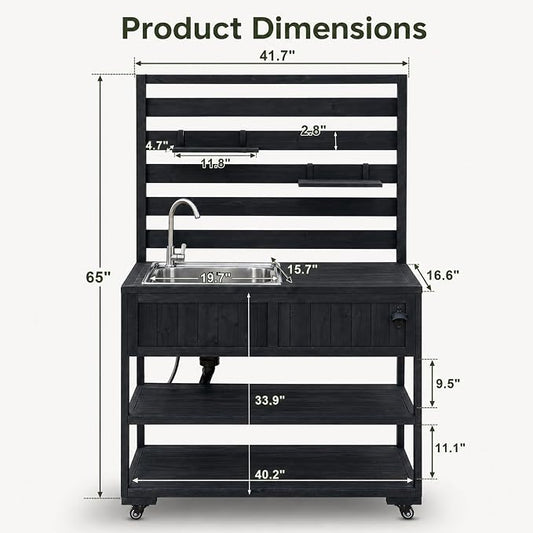 Patio Rolling Kitchen Island with Sink, 41.7 Inch Outdoor BBQ Cart | Solid fir wood frame, stainless steel top and sink, patio BBQ prep, 4 lockable wheels, 2 movable shelves, 41.7 x 16.6 x 65 in