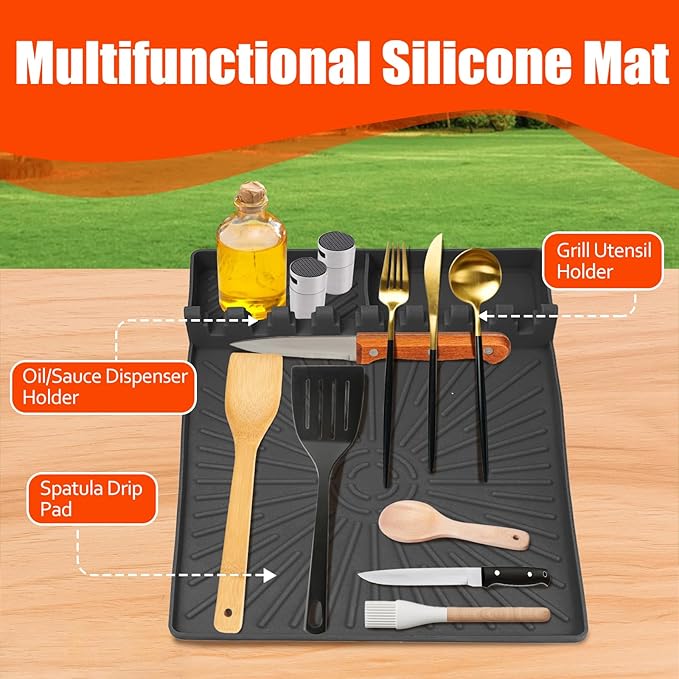Koolstuffs Silicone Grill Mat, Large Size Silicone Side Shelf Griddle Tools Spatula Mat with Drip Pad for Outdoor Grill Kitchen Countertop, Reusable Black-Stone Griddle Accessories, Gray