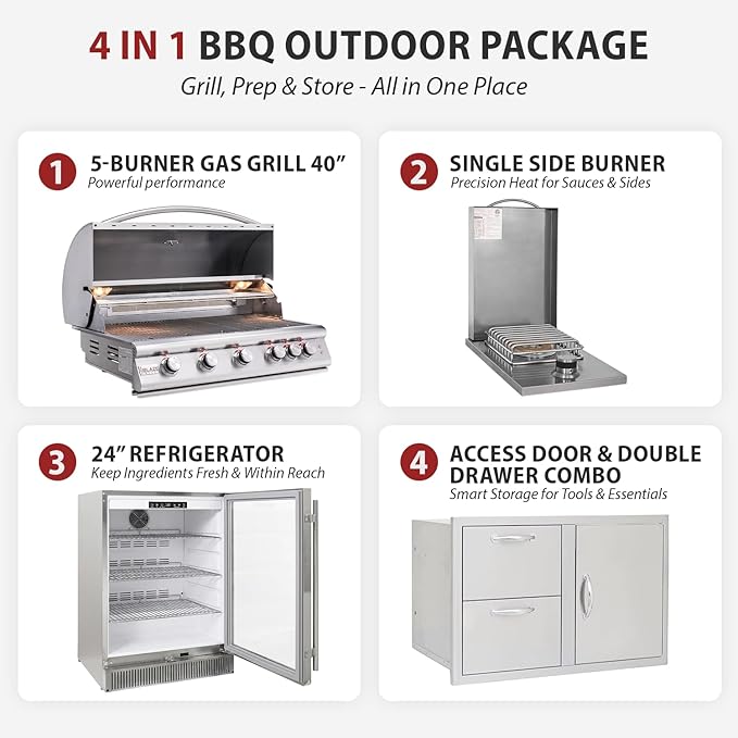 BLAZE BBQ Outdoor Package 11 of 40” LTE Built-in Natural Gas Grill, Single Side Burner, 32” Door & Two Drawers Combo, 24” Refrigerator, Grill Cover, Fridge Trim, Rotisserie Kit and Accessories