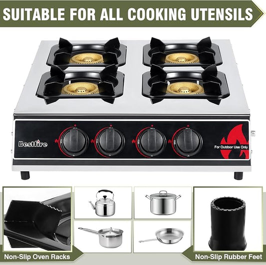 BESTFIRE 4 Burner Propane Gas Stove 40,000 BTU Stainless Steel Cooktop with Enamel Pan Support, Electronic Ignition, Regulator & Hose Included, Portable Gas Stove for Camping, Outdoor Cooking, BBQ