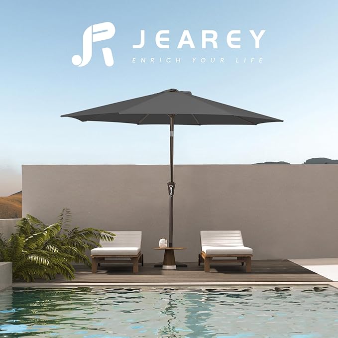 JEAREY 10FT Outdoor Patio Umbrella Outdoor Table Umbrella with Push Button Tilt and Crank, Market Umbrella 8 Sturdy Ribs UV Protection Waterproof for Pool, Garden (Gray)