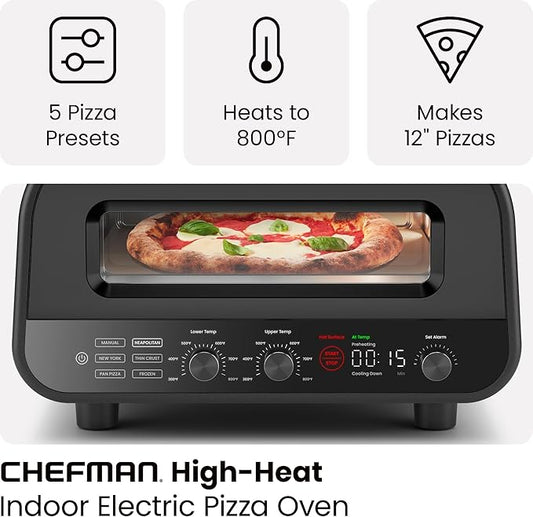 CHEFMAN Indoor Pizza Oven - Makes 12 Inch Pizzas in Minutes, Heats up to 800°F - Countertop Electric Maker with 5 Touchscreen Presets, Pizza Stone and Peel Included - Stainless Black