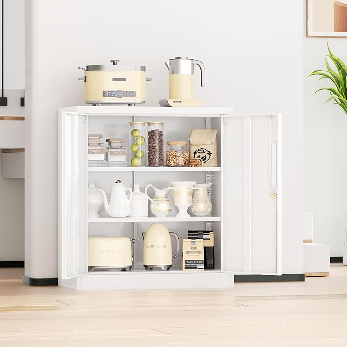 INTERGREAT Metal Garage Storage Cabinet, 36" Locking Counter Cabinet with 2 Locking Doors and 2 Adjustable Shelves, Small Steel Cabinet for for Home Office, Gym, School(White)