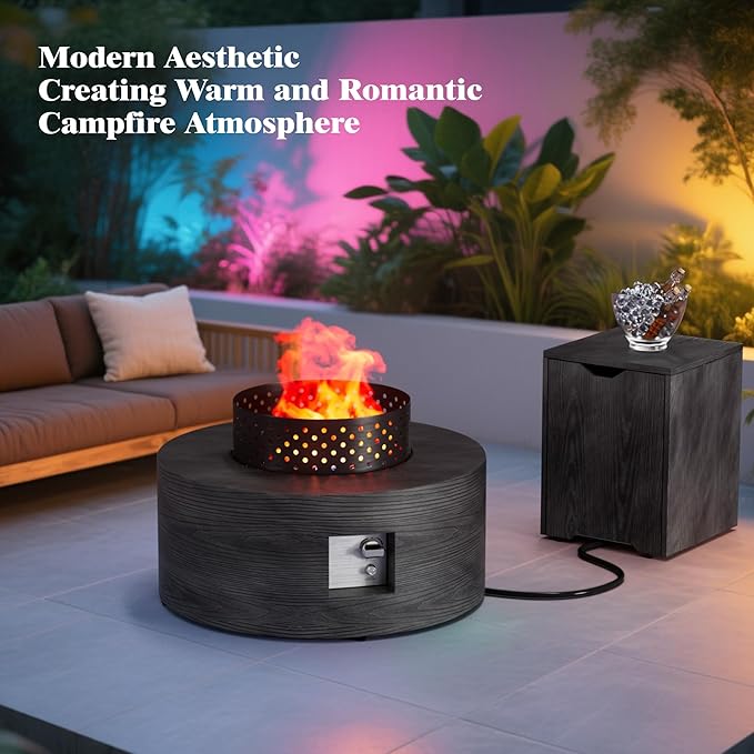 2-Piece Outdoor Propane Fire Pit Table Set w Tank Side Table 30'' Round Fire Pit Table w Wood Grain 2-in-1 Firepit Table for Outside Gas Fire Pit w 304 Stainless Steel Burner 50,000 BTU, Dark Gray