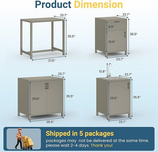 Wisteria Lane Outdoor Storage Cabinet with Stainless Steel Sink, Aluminum Modular Outdoor Kitchen, All Weather Kitchen Island with Storage, Drawers & Bar Table for BBQ, Porch, Backyard