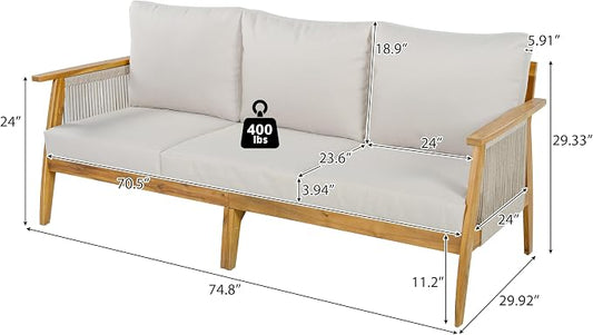 Merax Outdoor Acacia Wood & Rope 3-Seater Patio Sofa with Water-Repellent Cushions, Handmade Woven Garden Sofa for Poolside & Deck