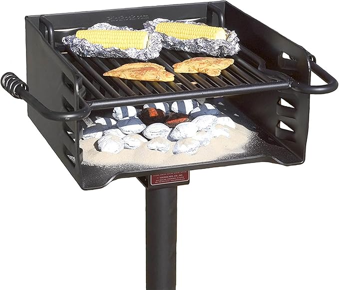 Pilot Rock Park Style Heavy Duty Steel Outdoor BBQ Charcoal Grill with Cooking Grate & 360 Degree Swivel Post for Camping or Backyard, Black (3 Pack)