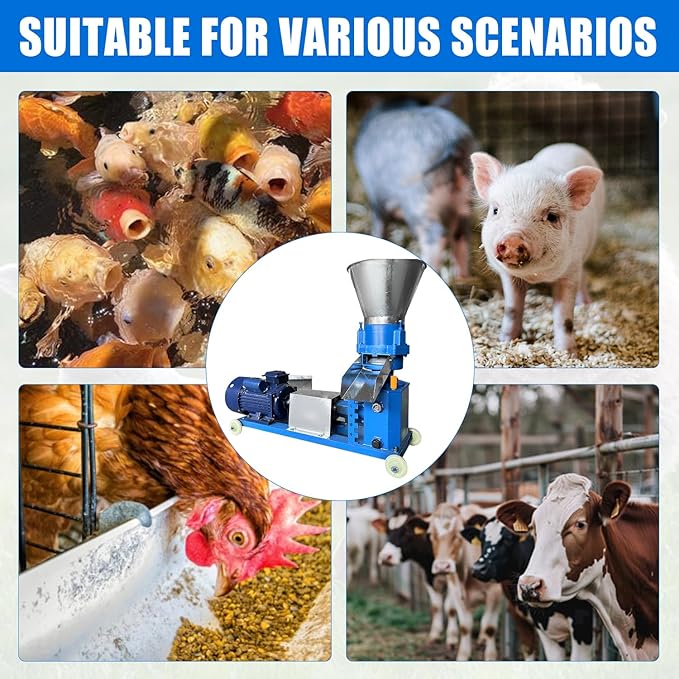 110V Feed Pellet Mill Machine 3 Head Rollers Pellet Maker Machine for Poultry Livestock Farm Animal 2.5/3/4/5/6/8mm Grinding Discs, Air Switch, Splash Plate, 220-440 lb/h, 5.5KW 60HZ