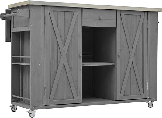 52.25" W Outdoor Grill Cart with Stainless Steel Tabletop, Patio Kitchen Island Storage Cabinet for BBQ, Bar