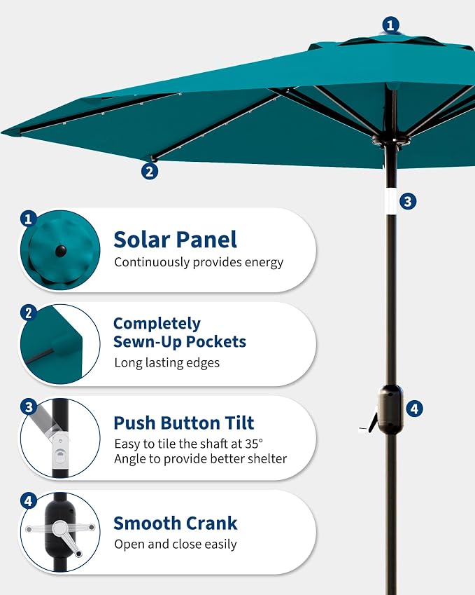 GarveeLife 10 ft Patio Umbrella with Solar Lights, 8 Ribs Outdoor Market Table Umbrella with 40 LED Lights & Tilt Crank for Pool, Deck, Backyard (Turquoise)