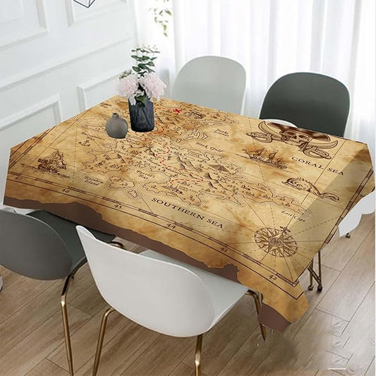 TKS MITLAN Treasure Map Brown Decorative Rectangle Tablecloth Pirate Ship Polyester Table Cloths Kitchen Table Cover for Dining BBQ Picnic Coffee Table 60 x 84 Inch 6-8 Seats