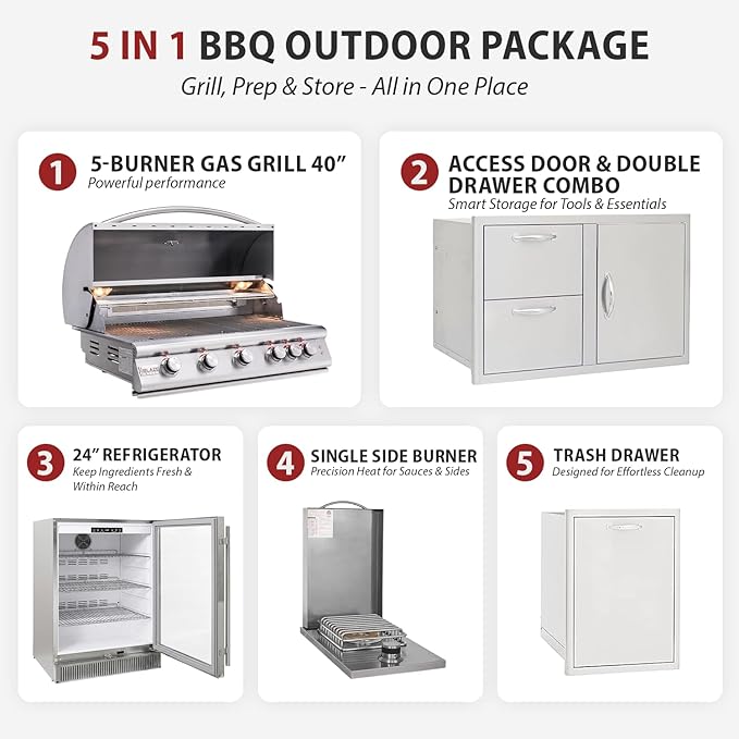 BLAZE BBQ Outdoor Package of 40” LTE Built-in Gas Grill, Gas Dop-In Single Side Burner, 32” Door & Two Drawers Combo, 18” Roll Out Propane Tank/Trash Storage Drawer, 24” Refrigerator and Accessories