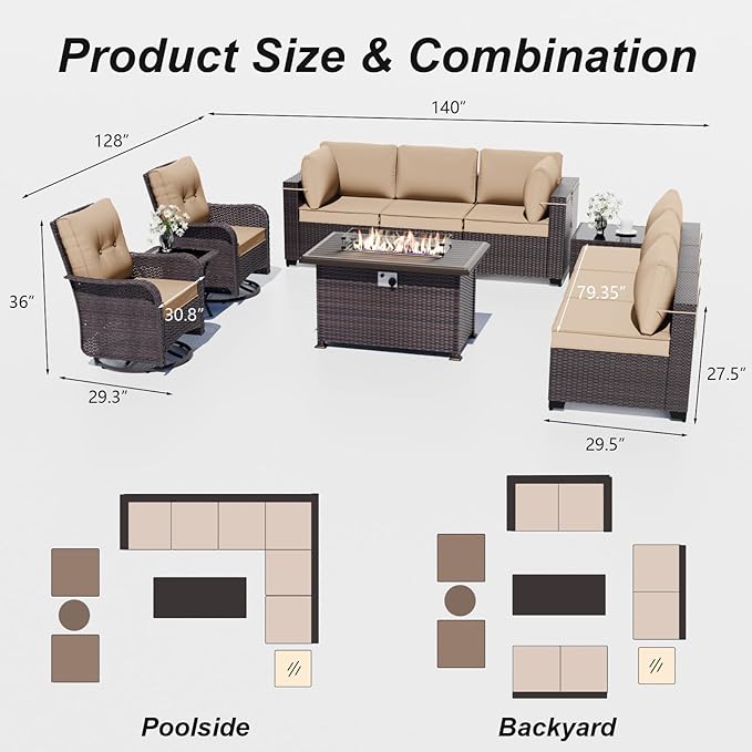 ALAULM Patio Furniture Set with 2 Swivel Chairs, Outdoor Sectional with 55000 BTU Fire Pit Table and Wide Seat, 11 Pieces Wicker Rattan Conversation Set with Coffee Table for Garden, Deck, Sand