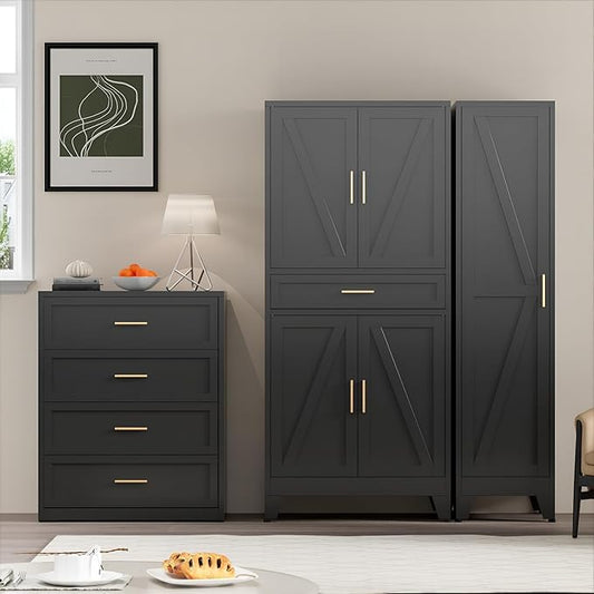 COFaR 71" Tall Metal Storage Cabinet with 4 Doors and 4 Adjustable Shelves, 6-Tier Farmhouse Storage Cabinet with Drawers and Legs, for Office, Home, Garage, Gym, School, Living Room, Hallway๏ผBlack๏ผ