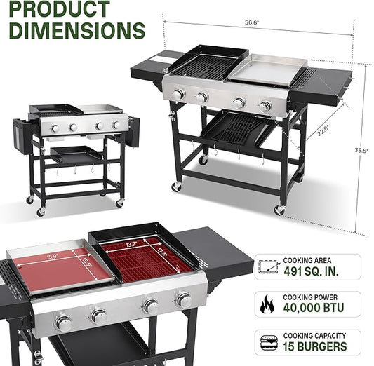 Gas Grill and Griddle Combo with Conversion Kit, 4-Burner Griddle Grill Combo with Folding Side Tables, 40,000 BTU Propane Grill with Cast Iron Grates and Stainless Steel Griddle