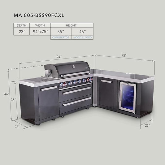 Mont Alpi 94"W x 75"D Black Stainless Steel L-shaped Modular Outdoor Kitchen Island with Refrigerator + Side Burner + 44"W 6-Burner BBQ Gas Grill + Granite Countertops + Storage Cabinets & Drawers