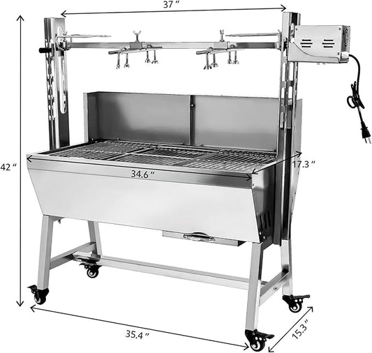 Rotisserie Grill Charcoal Spit Roaster, Stainless Steel 37" Pig Lamb Hooded Roaster Charcoal Spit With 25W Motor & Adjustable Height Lockable Casters For Party Barbecue,132 LBS With Baffle