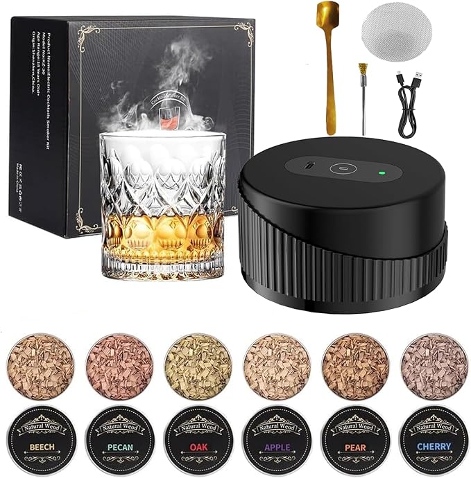 Electric Whiskey Smoker Kit, Electric Cocktail Smoker Kit with 6 Flavors Wood Chips, Rechargeable Cocktail Drink Smoker Kit Built in Lighter, Drinks Smoker Kit for Men, Father, Husband