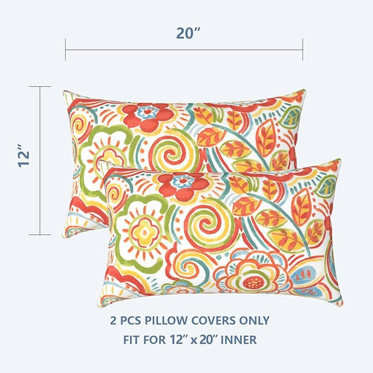 LVTXIII Outdoor/Indoor Lumbar Pillow Covers ONLY, 12” x 20” Fade-Resistant Patio Lumbar Cushion Cases Decorative Throw Pillowcase Shell for Couch Patio Garden Furniture Use - Flower Multi