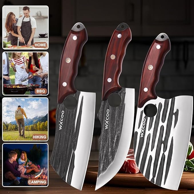 Serbian Chef Knife Set 3 Piece Hand Forged Viking Butcher Knife High Carbon Steel for Meat Cutting BBQ Camping, Unique Mens Birthday Gift for Hunters Grillers and Outdoor Cooking