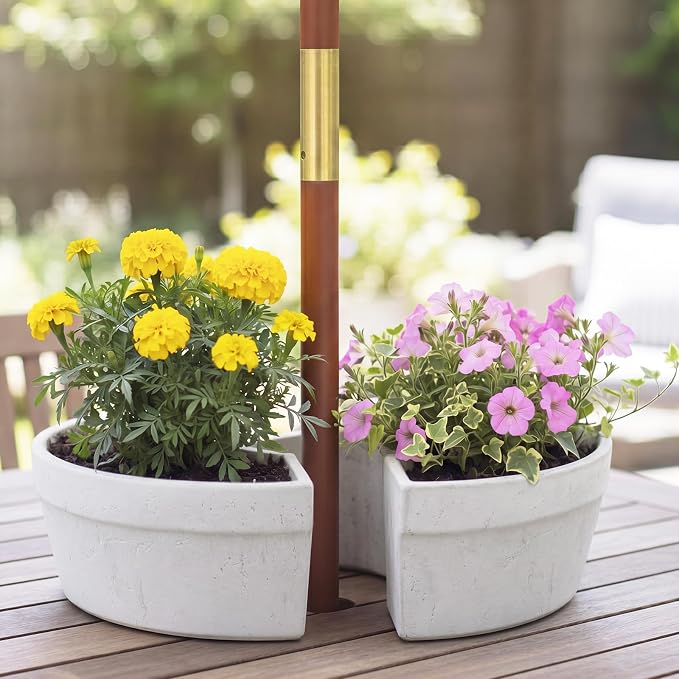 1 Set Patio Umbrella Planter Rustic 2 Pcs Half Round Planter 12" Cement Planters Half Circle Flower Pot for Patio Table Garden Home Plant Outdoor(White,Country Style)