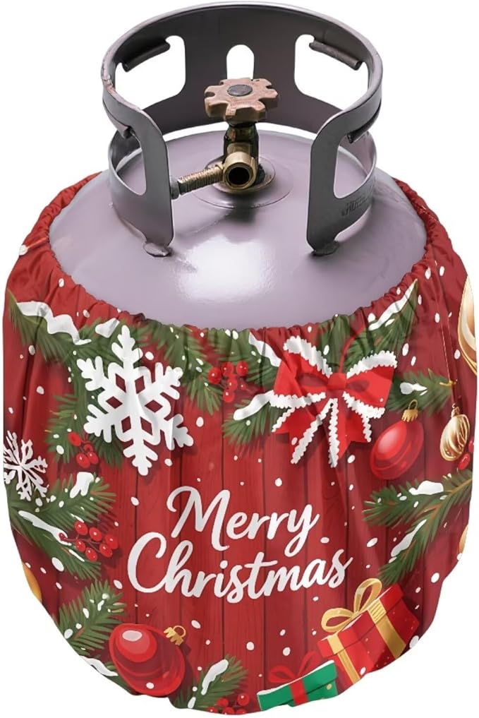 Merry Christmas Propane Tank Cover 20lb Christmas Gas Tank Cylinder Cover for Outdoor Easy to Install RV Gas Cylinder Storage Pocket for Yard Party RV Travel Trailer