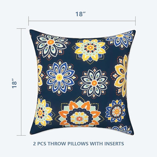 LVTXIII Outdoor Throw Pillows 18x18 Patio Waterproof Square Pillows with Piping Fade Resistant Accent Pillow for Spring Summer Garden Decoration, Set of 2, Bloom Medallion Cobalt