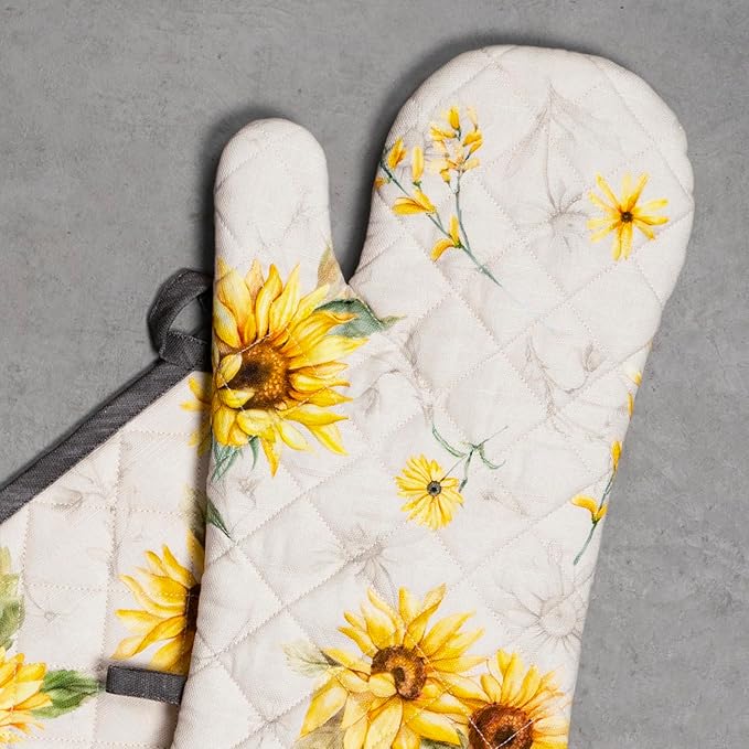 Maison d' Hermine 100% Cotton Oven Mitt & Pot Holder Set (7.5"x13" & 8"x8") Heat Resistant BBQ Cooking Gloves with Loop Baking Grilling Kitchen Hotel Home Farmhouse Spring Summer (Candice)