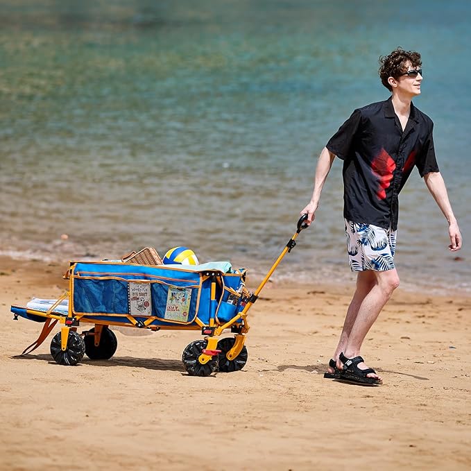 300lbs Extra Long 49" L Beach Wagon with Big Wheels with Brake for Sand, Collapsible Utility Beach Cart Heavy Duty Folding Wagon,Ideal for Outdoor Sand Camping Garden Pet