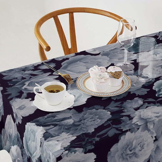 Vintage Florals Tablecloth, Gothic Black Garden Peonies Flowers Rustic Roses Boho Botanical Plant Water Resistant Wipeable Table Cover for Picnic Party Holiday Kitchen Dinner Table 60"x110"