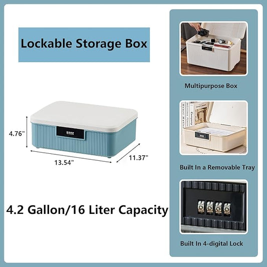 Lockable Storage Box – 4.5 Gallon Waterproof Plastic Organizer w/Adjustable Lock for Home/Office/Outdoor Travel (White & Grey)