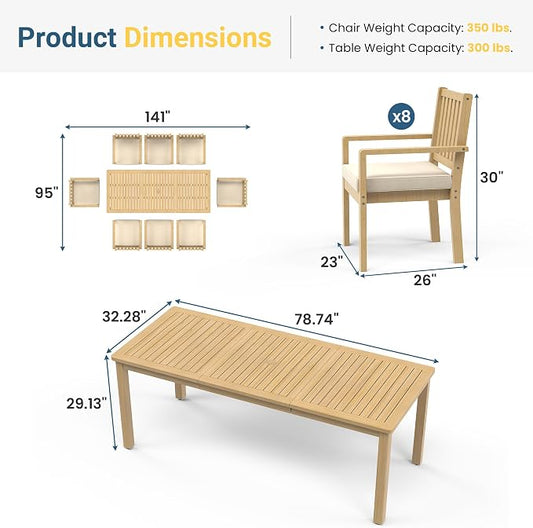 Wisteria Lane 9 Pieces Acacia Outdoor Patio Table and Chairs Set for 8, Patio Outdoor Dining Table Set with Cushion, Modern Outdoor Patio Set for Deck Lawn Backyard Garden, Brown